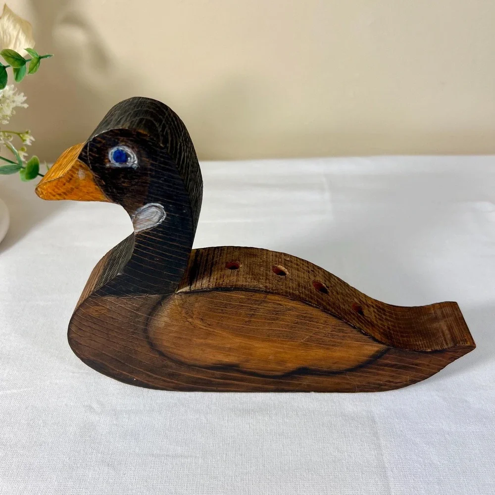 Vintage 1988 Hand-Carved Painted Wooden Duck Pencil Holder